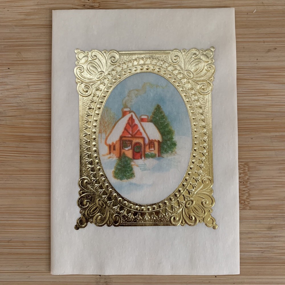 Vintage Christmas Card Parchment Classique Foil Framed Cottage Happy Holidays
