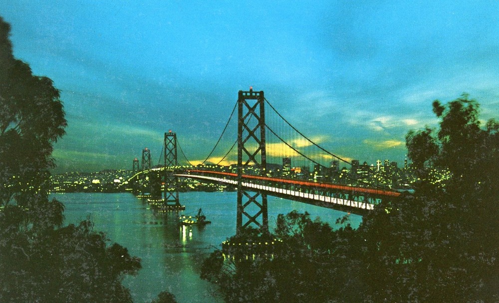 San Francisco-Oakland Bay Bridge at Night, California, UNP, EXC --POSTCARD