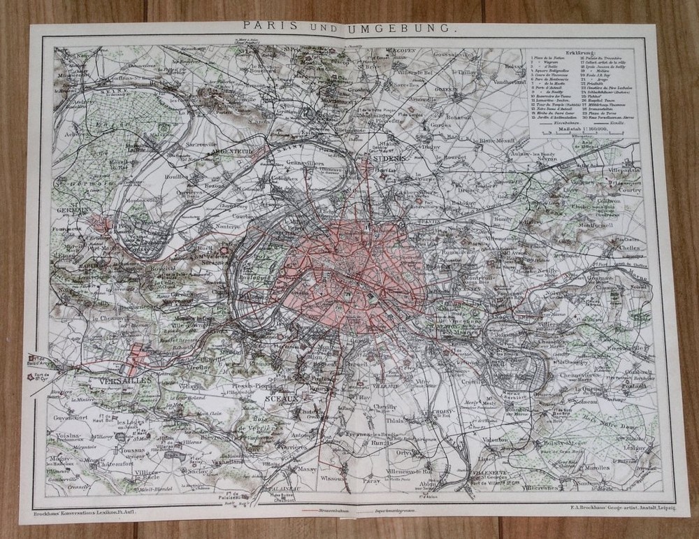 1900 Original Antique City Map Of Paris And Vicinity Paris / Versailles