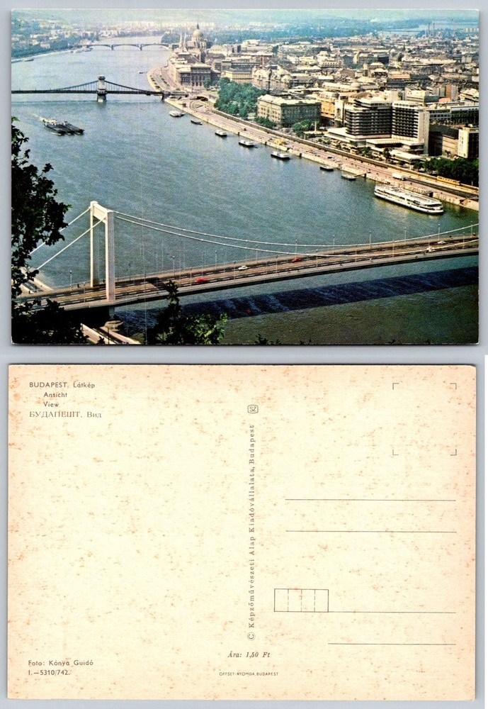Vintage Budapest Hungary Danube River View Elisabeth Bridge Postcard 1960s
