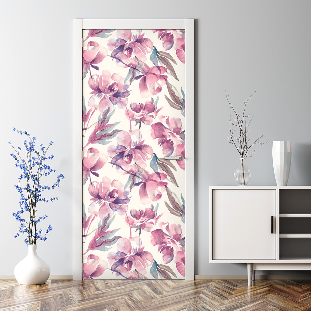 Delicate abstract floral pink watercolor door decal sticker decor