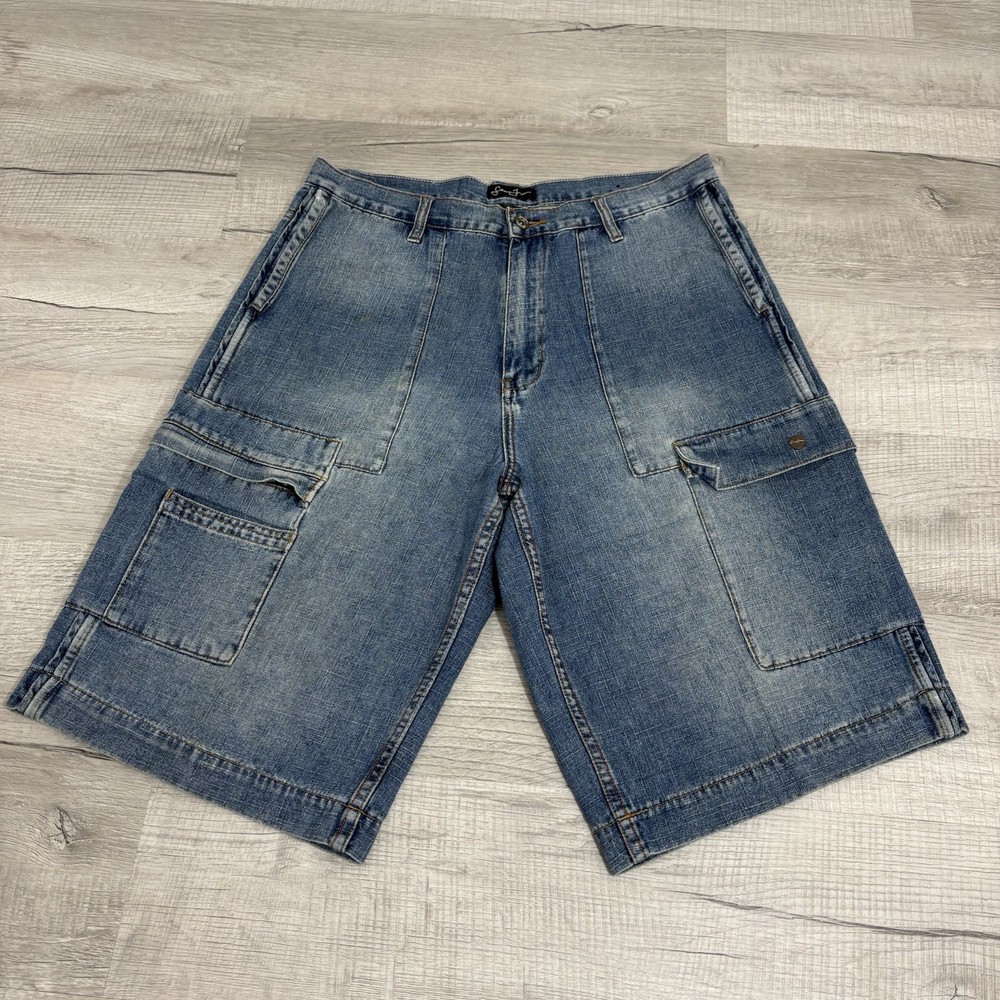 Y2K 2000s Sean John Light Denim Baggy Wide Leg Skate Shorts Grunge Size 36