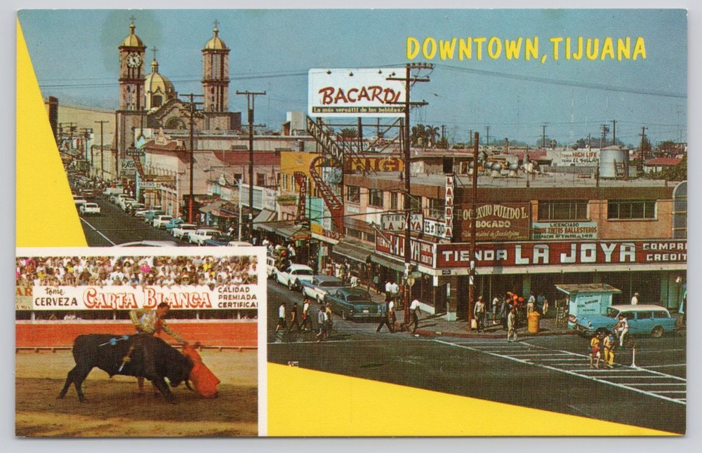 Tijuana Mexico Second Street Stores Matador Bull Fight c1960s Vtg Postcard E6