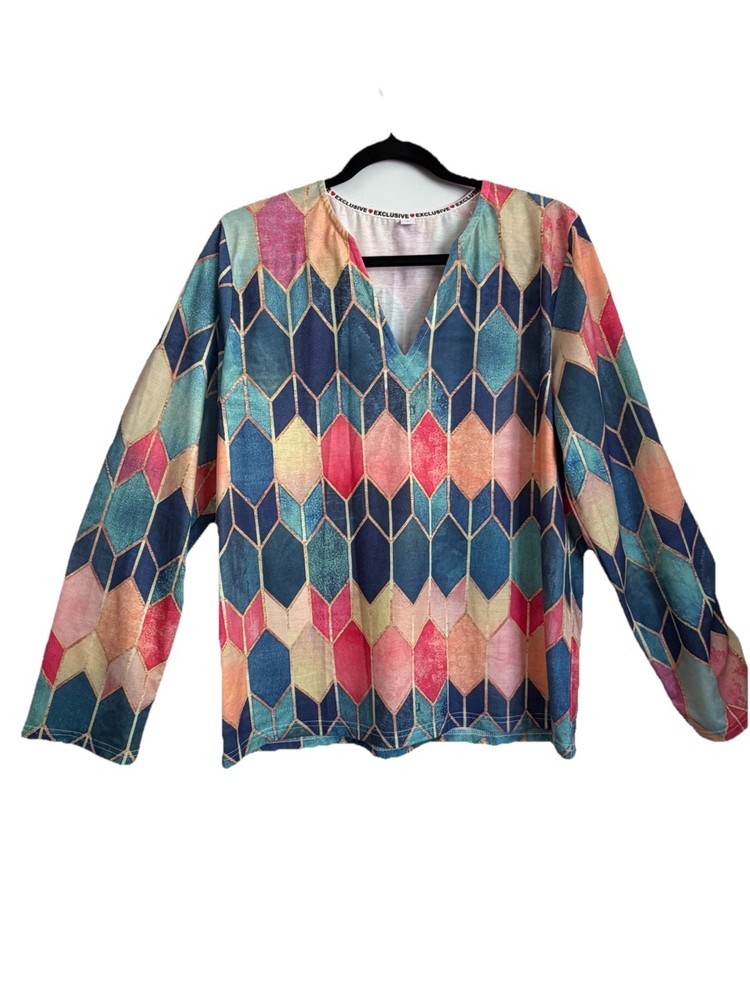Exclusive Geometric Print Multicolor V-Neck Long Sleeve Blouse Women’s Sz L