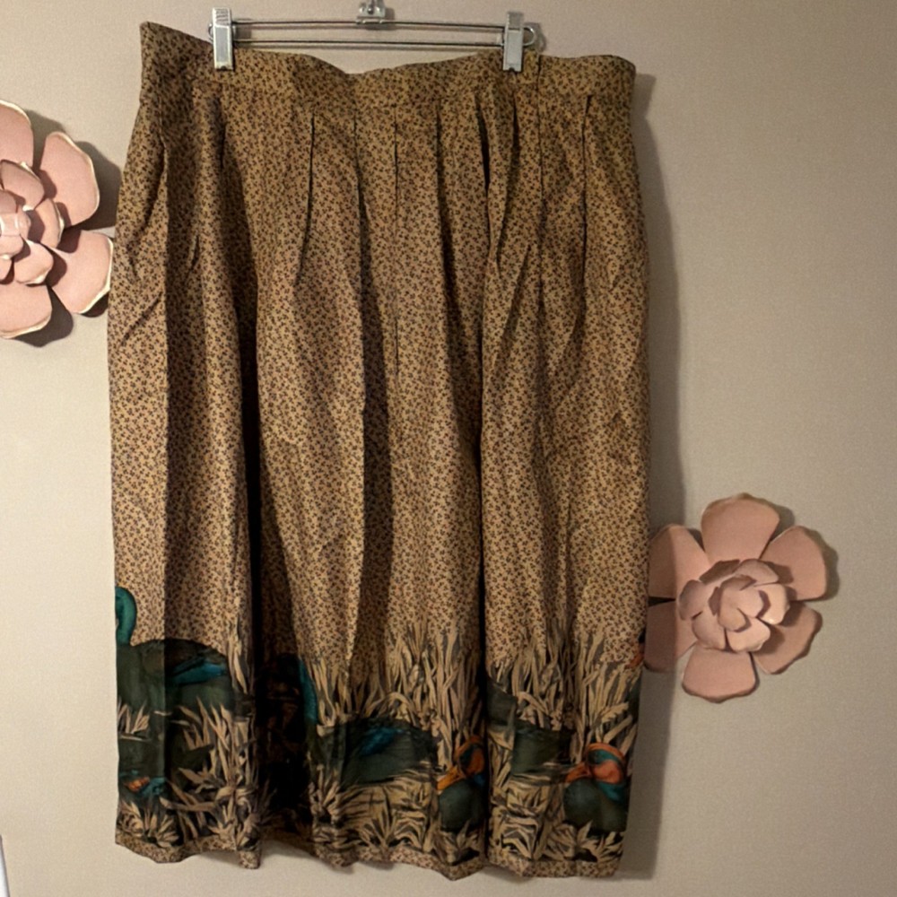 Lands' End Silk Brown Green Nature Print Pleated Midi A-Line Skirt Women 16