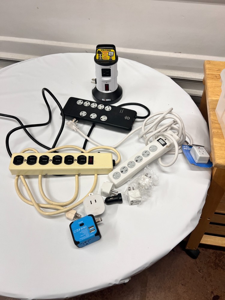 Lot of 9 Power Strips/Surge Protectors, Electrical Plug Adapters, Car Charger