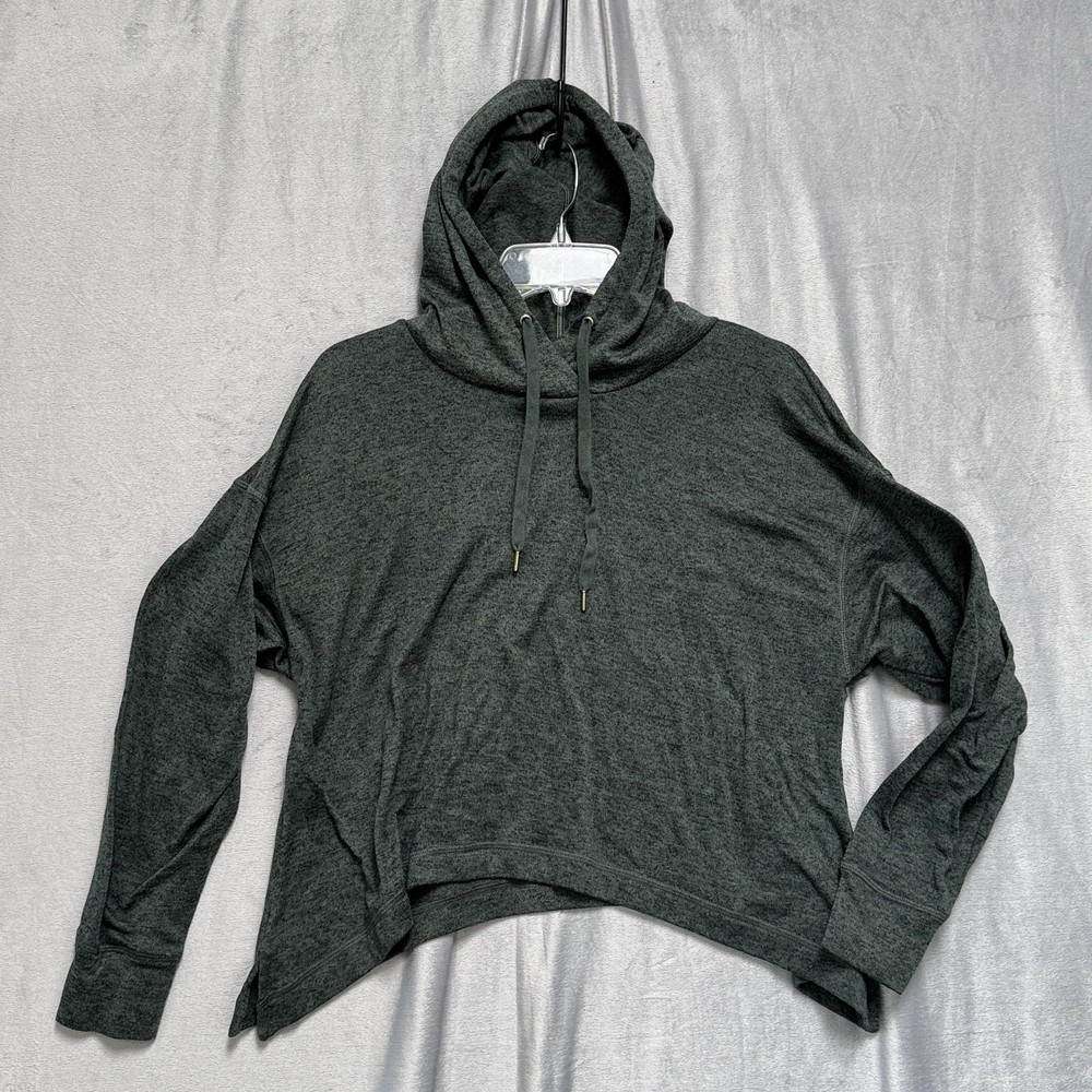 Hoodie Womens Medium Dark Heather Green Cropped High Low Drawstring Side Slits