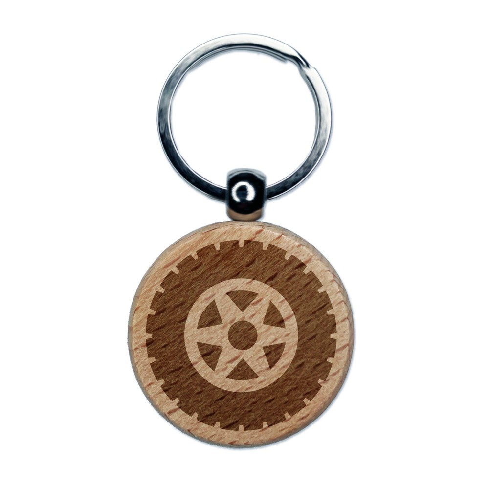 Wheel Tire Icon Engraved Wood Round Keychain Tag Charm