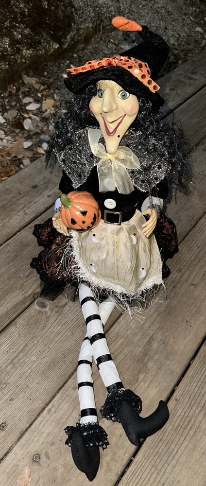 Sitting  Halloween Gal Pal Pumpkin Moon Witch w/long Leg 26” Folk Art  Blk/white