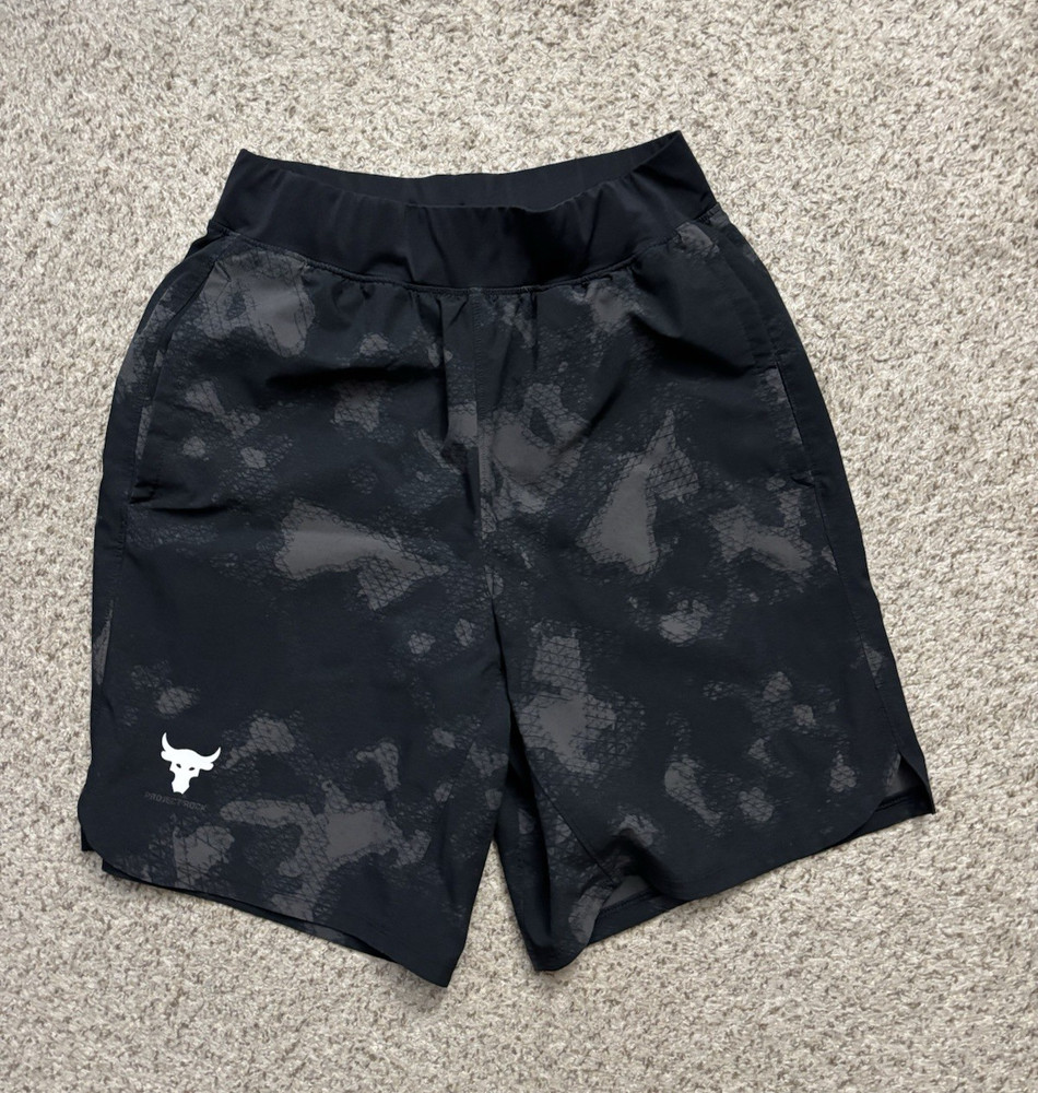 Under Armour Shorts Mens Size Small Black Gray Project Rock Woven Camo Shorts