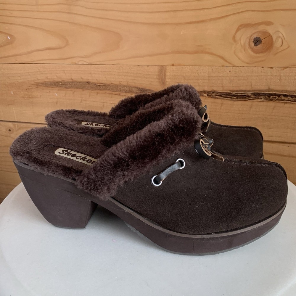VTG Y2K Skechers Fuzzy Mules 9 Bow Chocolate Brown Platform Chunky Clogs Slip On