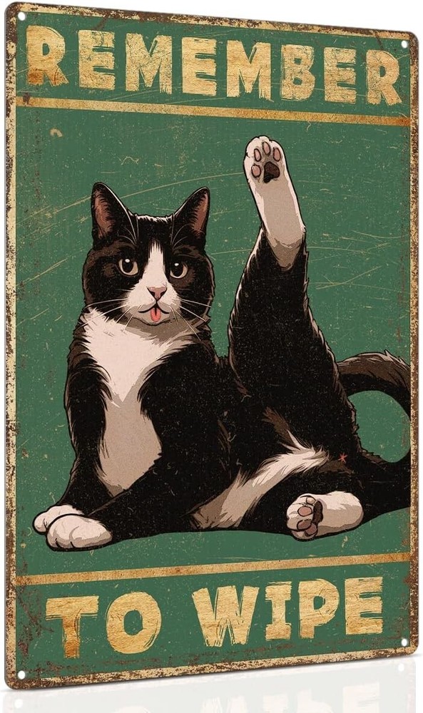 Funny Cat Bathroom Wall Art Poster Vintage Black Cat Remember to Wipe Tin Sign