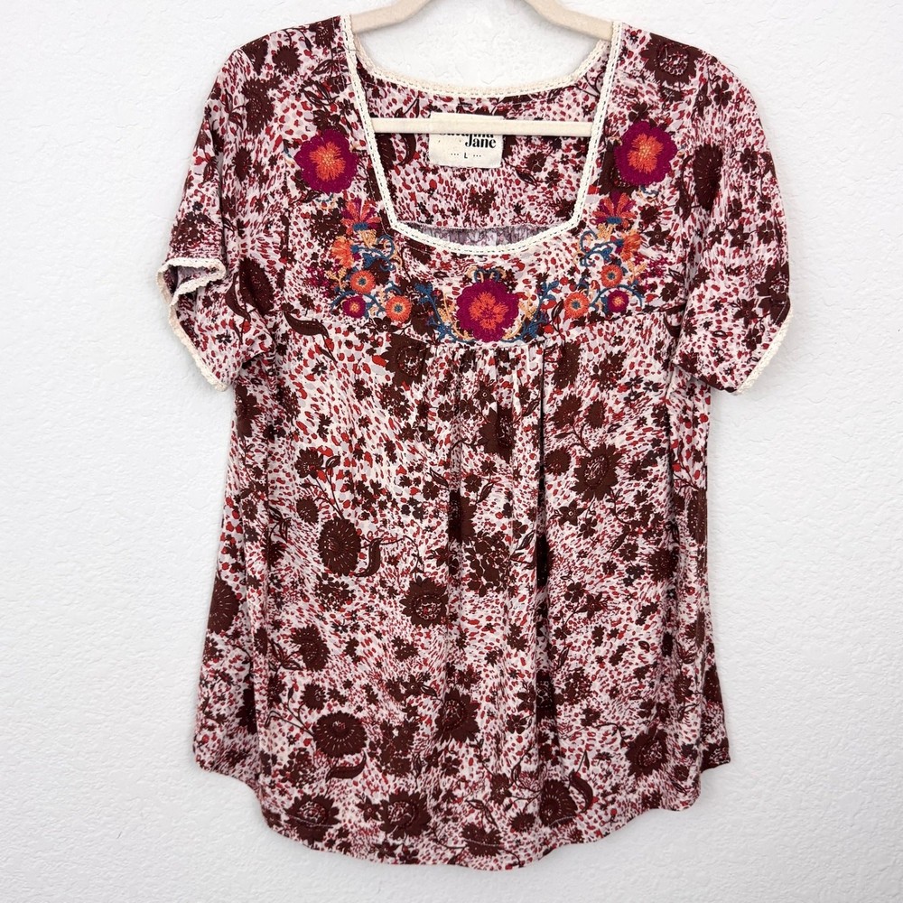 Savanna Jane Womens Blouse Top Size L Embroidered Lace Floral Boho Brown