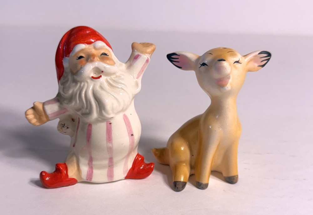 Vtg NORCREST Xmas Santa PJ's & Rudolph Reindeer Salt And Pepper Shakers Rare