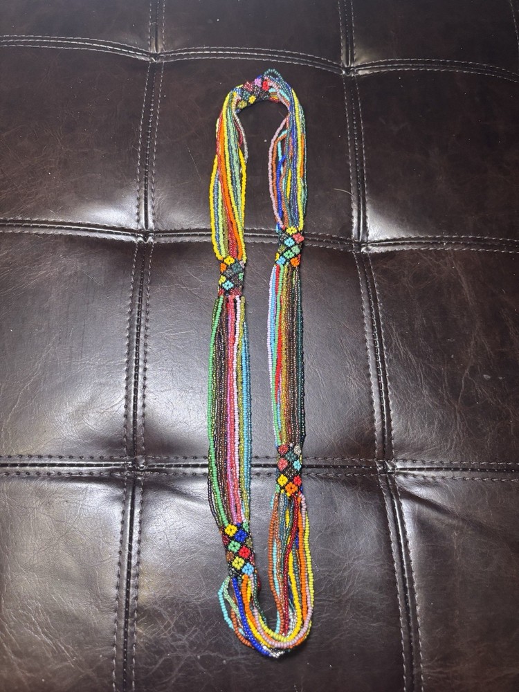 Vintage Multi Strand Seed Bead Necklace Colorful Boho Tribal Statement 14”
