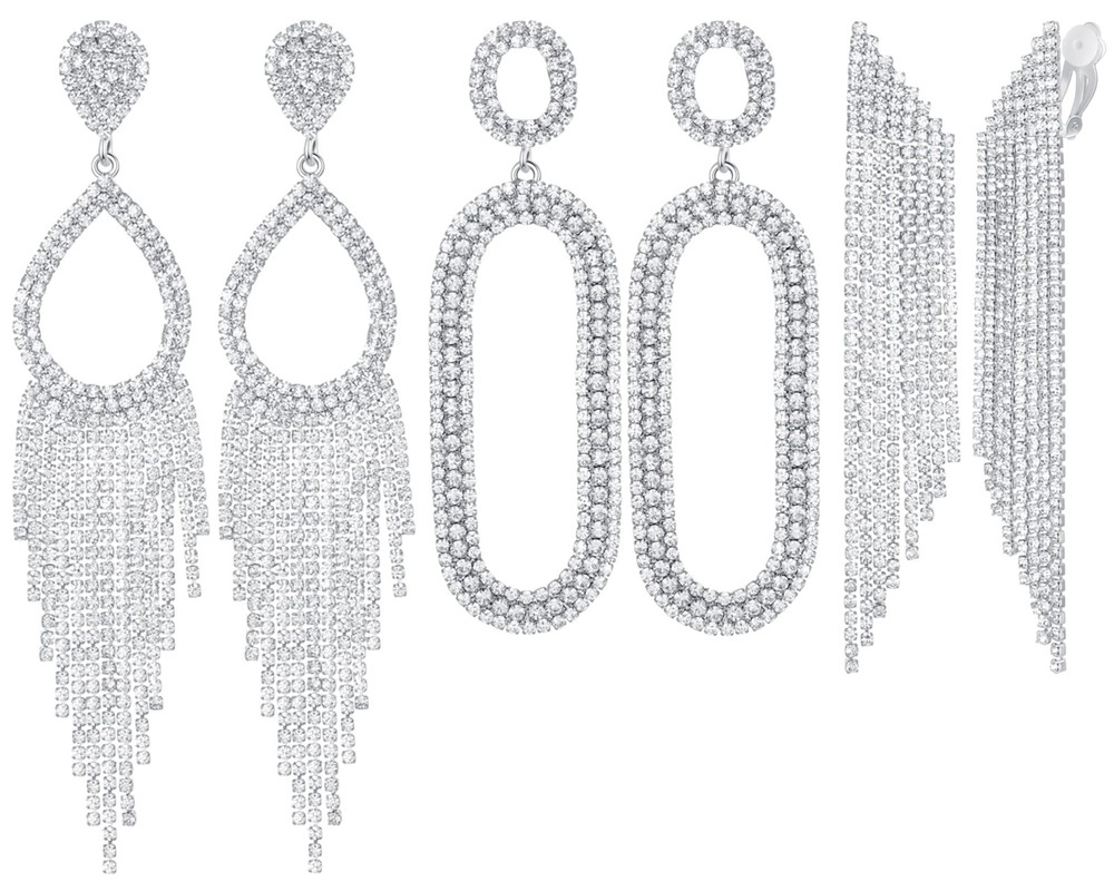 3 Pairs Clip On Earrings Set Rhinestone Chandelier Teardrop For Wedding Party