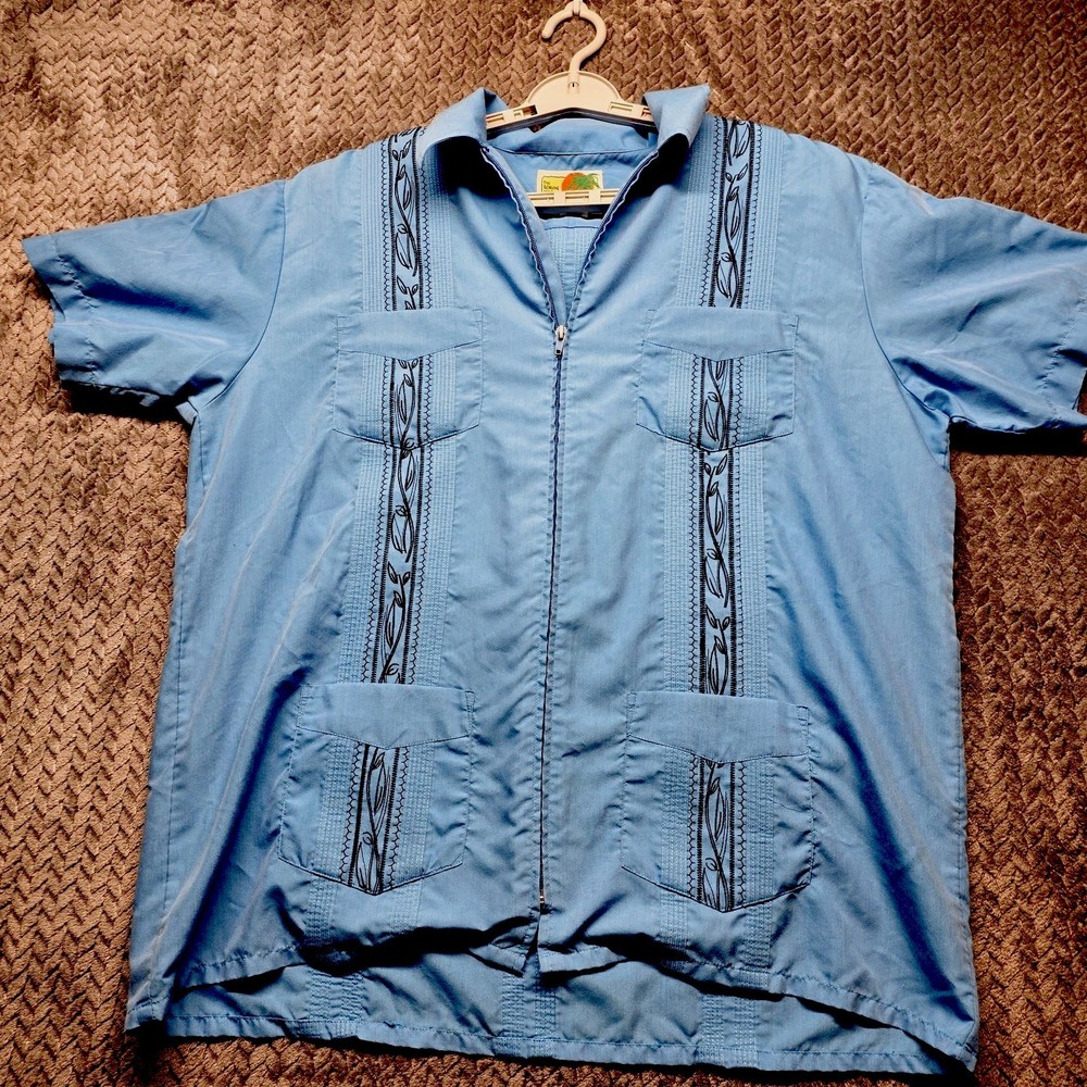 Haband Guayabera Shirt Men’s L Blue Embroidered Zip Front Cuban Short Sleeve