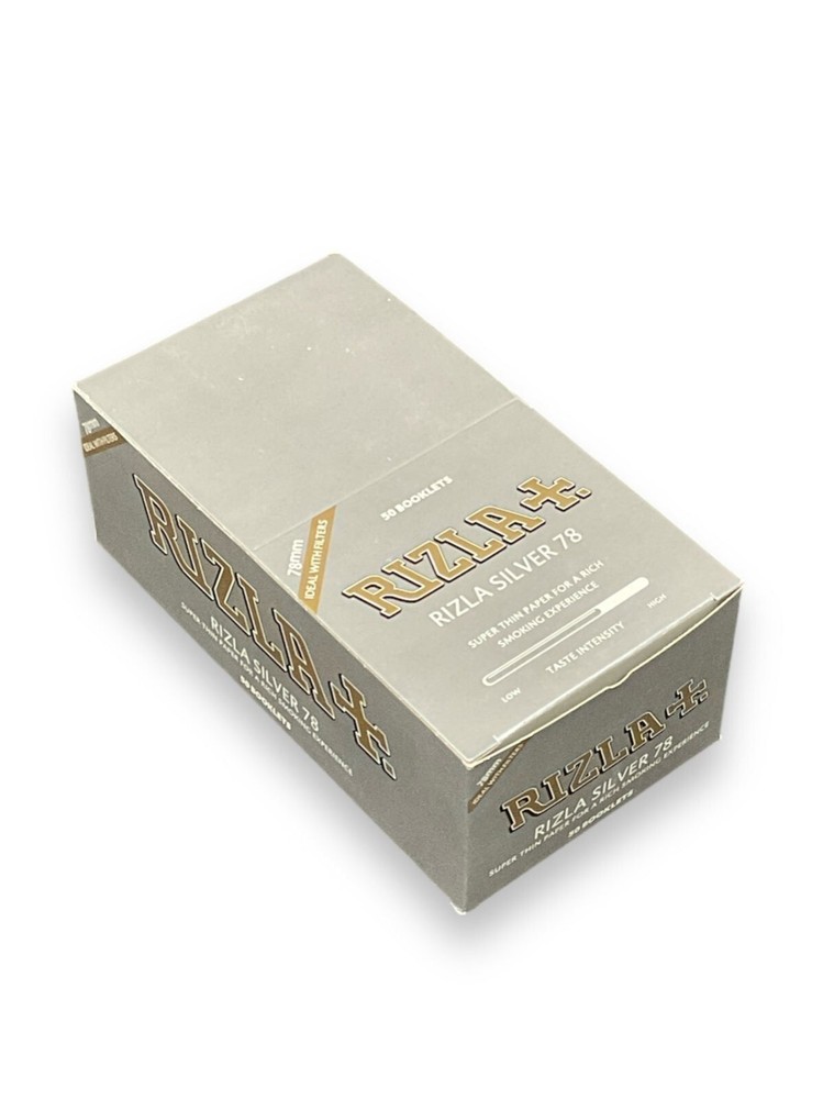 🍃🔥 RIZLA PLUS - SILVER 78mm Super Thin Rolling Papers - 1 Box/50 Packs ❤️🖤