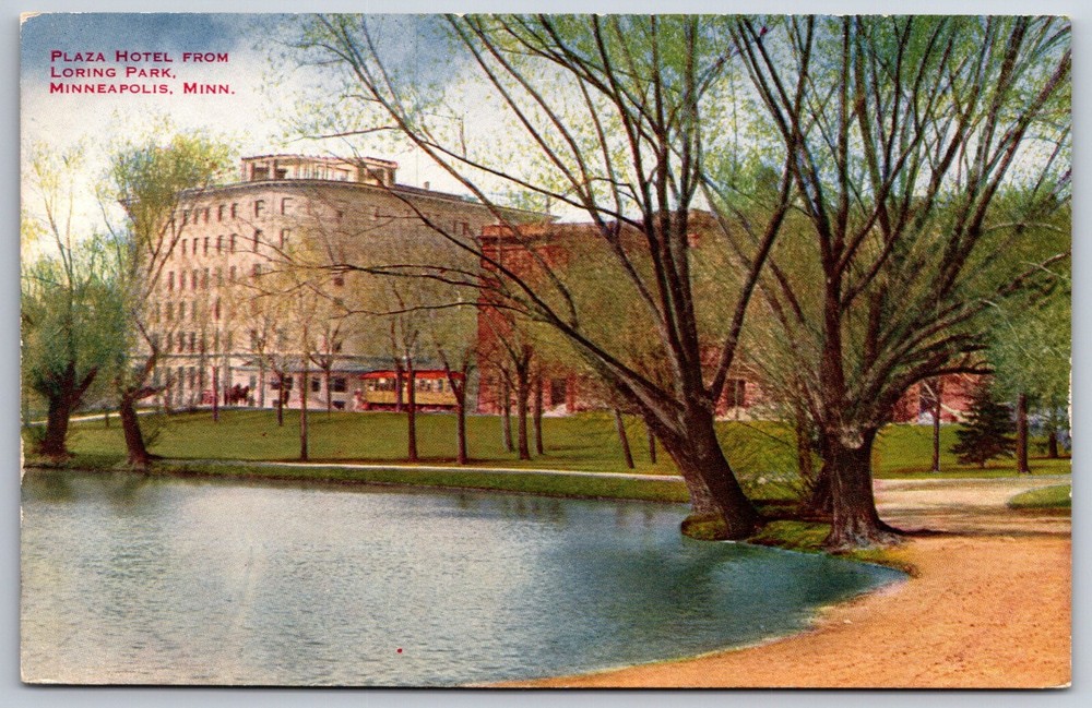 Minneapolis Minnesota~Plaza Hotel From Loring Park & Lake~Vintage Postcard