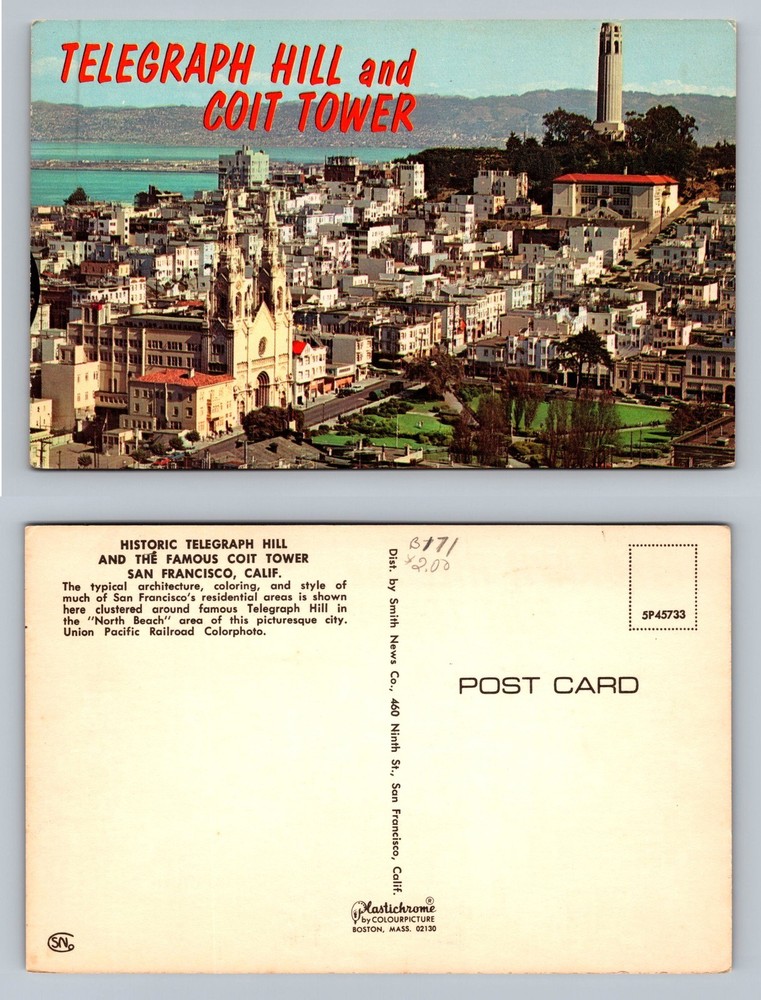 San Francisco, CA-California, Coit Tower Telegraph Hill View Vintage Postcard