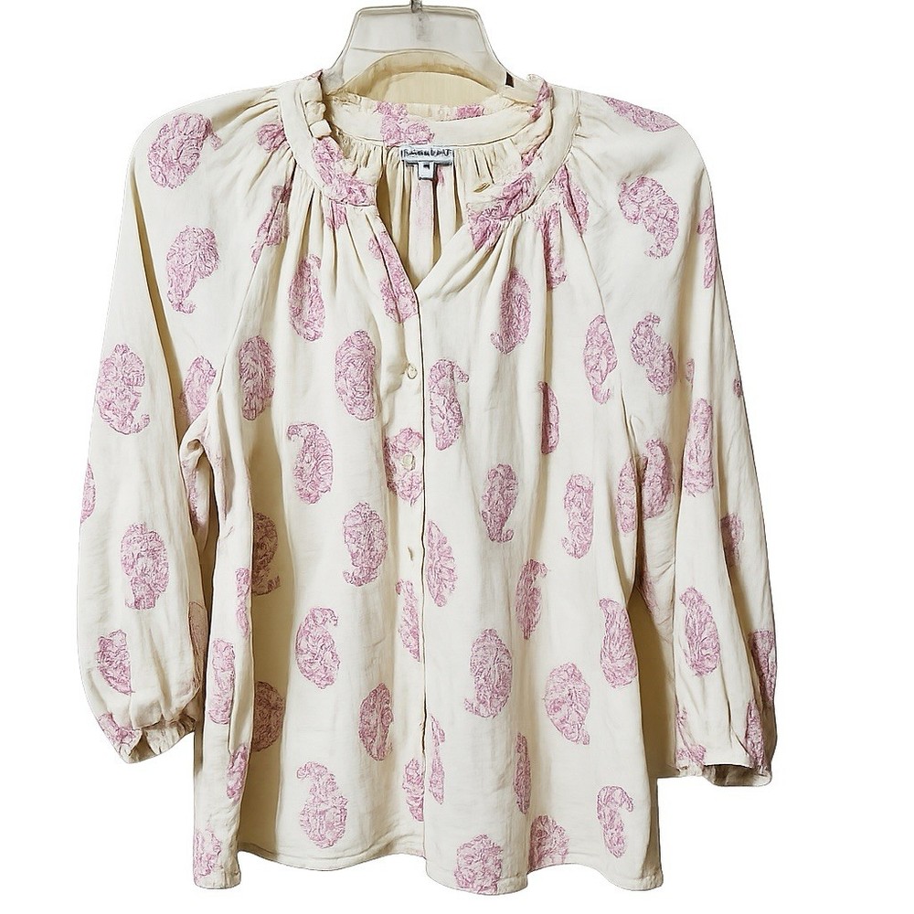 Wonderly Medium Boho Blouse Cream Pink Paisley Print Peasant Top 3/4 Sleeve