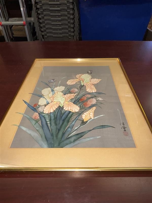 Vintage Asian Floral Silk Painting with Birds – Signed & Sealed – Framed