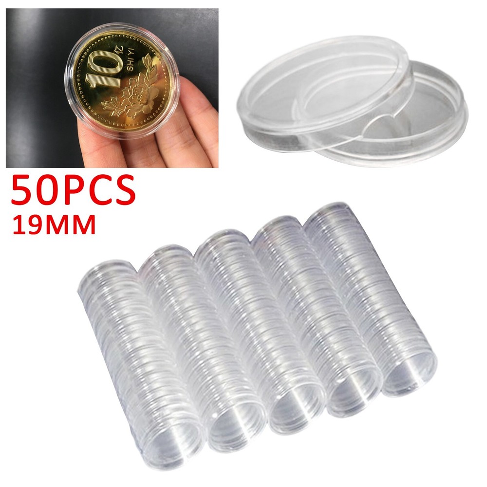 50Pcs Transparent Plastic Round Capsules Coin Holders Case Storage Portector NEW