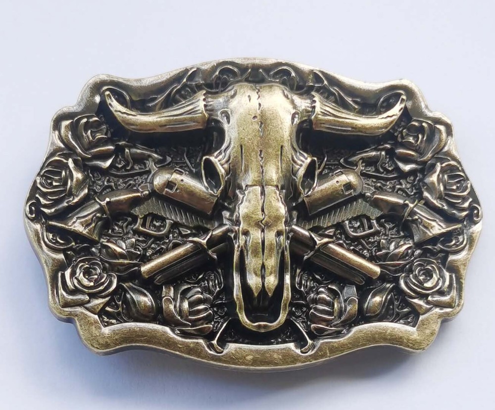 Western Belt Buckle for Men Cowboy Rodeo Vintage Style Wear Bull Skull Guns Rose