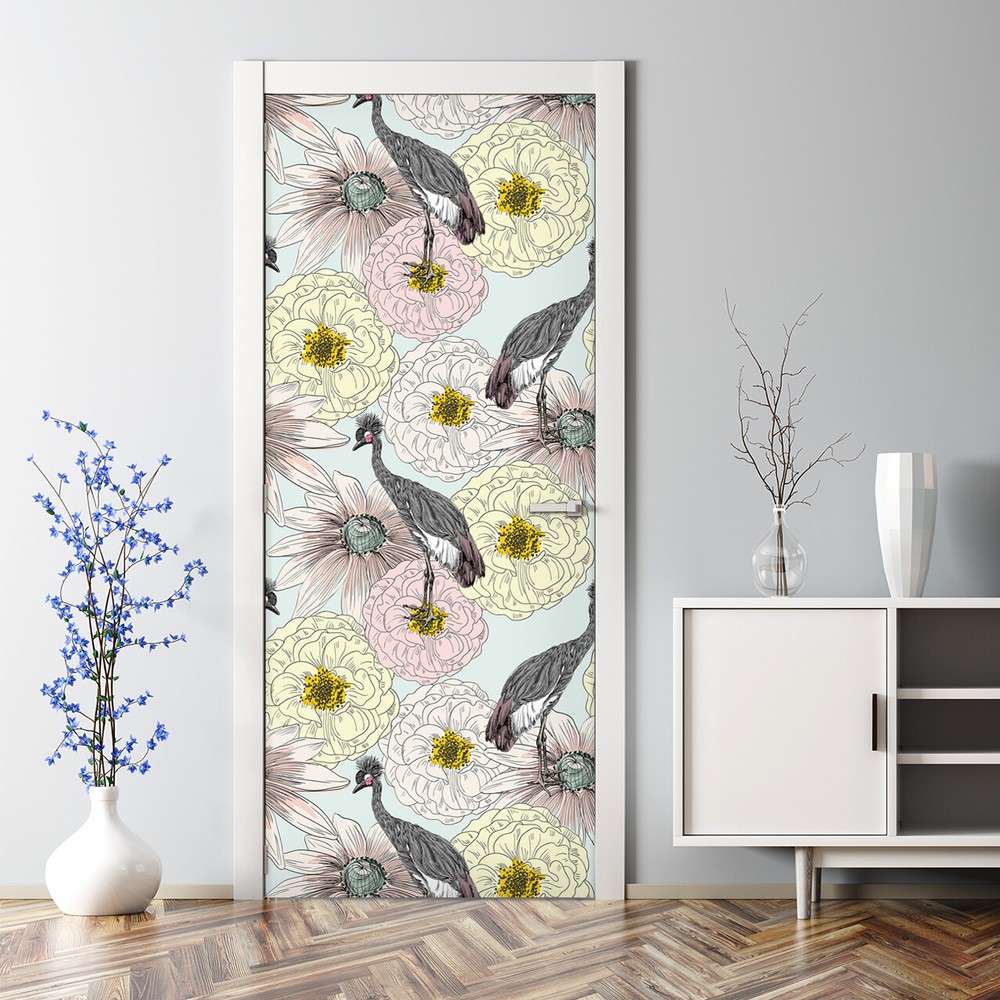 Pastel heron removable door sticker in light pink self-adhesive peel & stick mural
