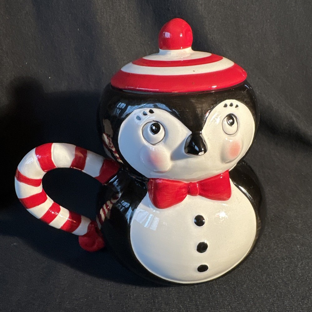 Johanna Parker Carnival Cottage PENGUIN Ceramic Christmas MUG & Lid