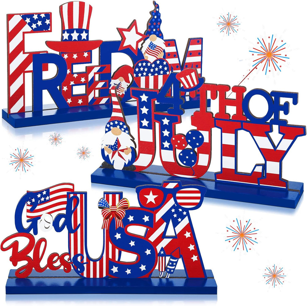 3 Pcs 4Th of July Wooden Table Decorations 4Th of July Patriotic Wood Tabletop C