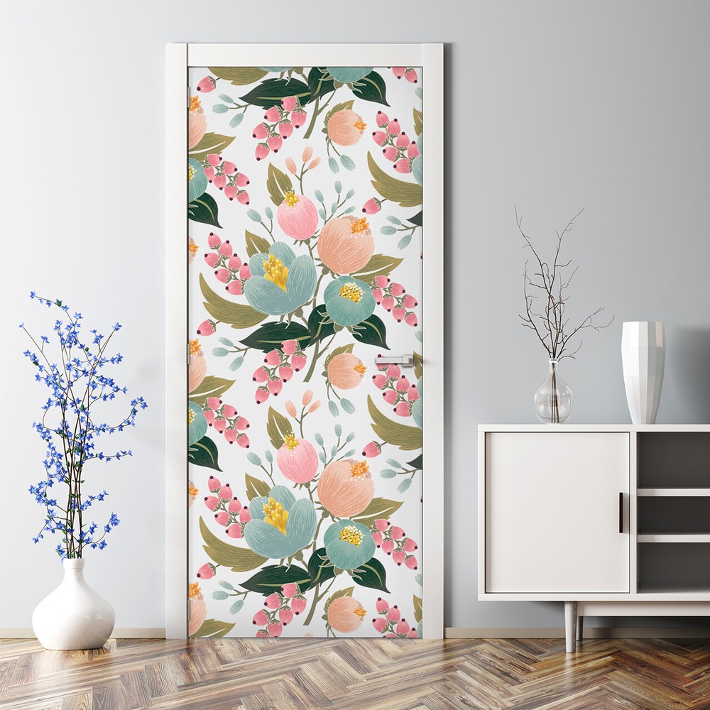 Pink poppy removable Door sticker Floral print Vintage Watercolour Self adhesive