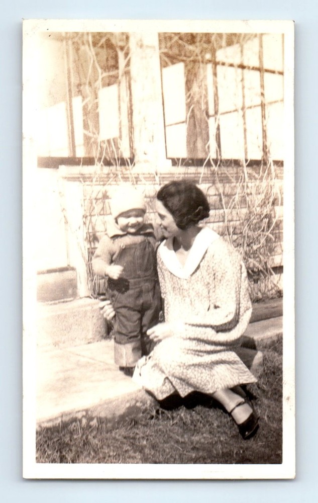 Old Vintage Photo WOMAN AND TODDLER BOY OUTSIDE HOUSE ANTIQUE SNAPSHOT