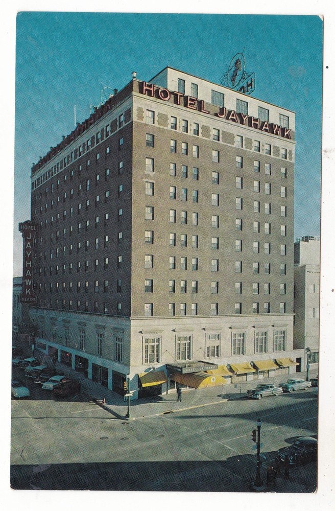 Topeka Kansas Hotel Jayhawk Downtown Old Cars Vintage Postcard Ks 1966 Old !!