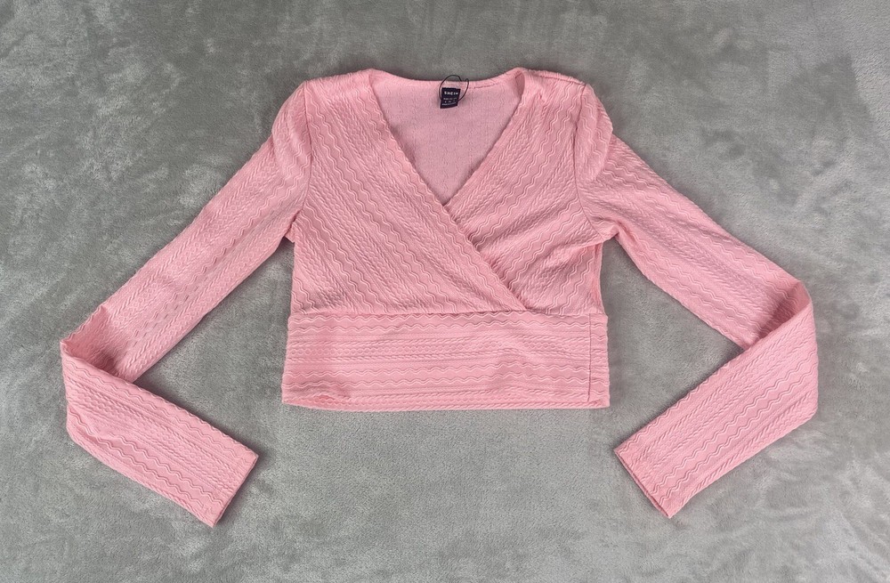Shein Pink ballet ballerina style wrap long sleeve crop top ribbed stretch small