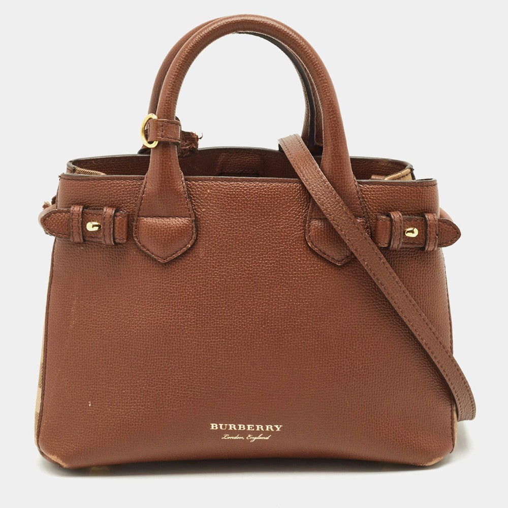 Burberry BrownBeige House Check Fabric and Leather Small Banner Tote