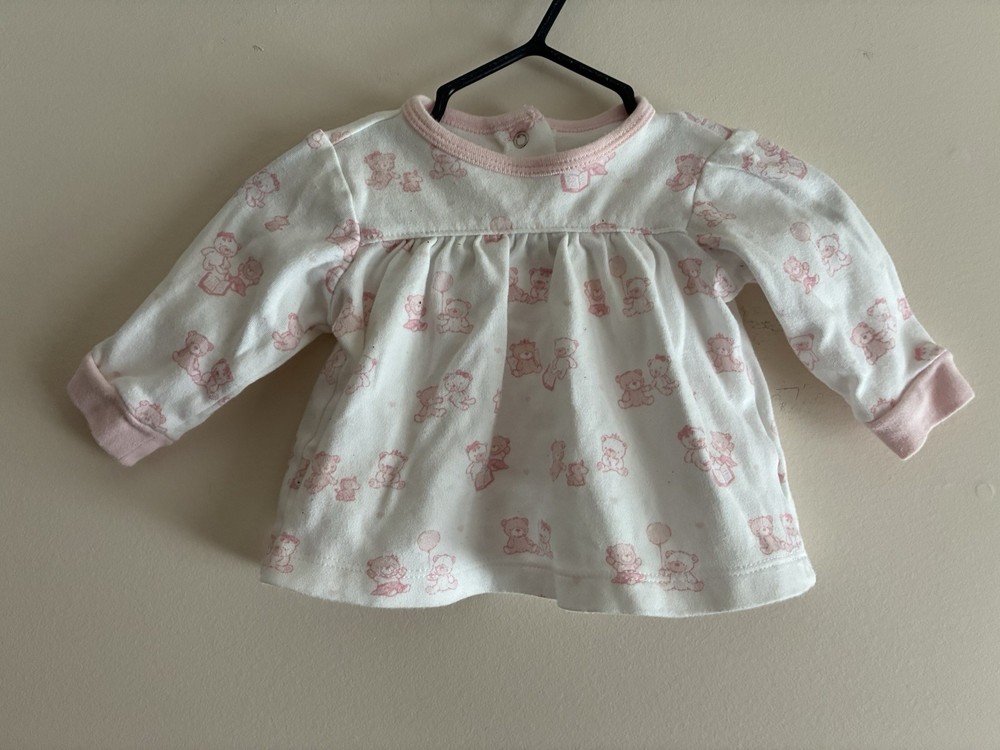 Little Me Baby Girls Cute Bear Pleated 100% Cotton Long Sleeve top Pink White 6M