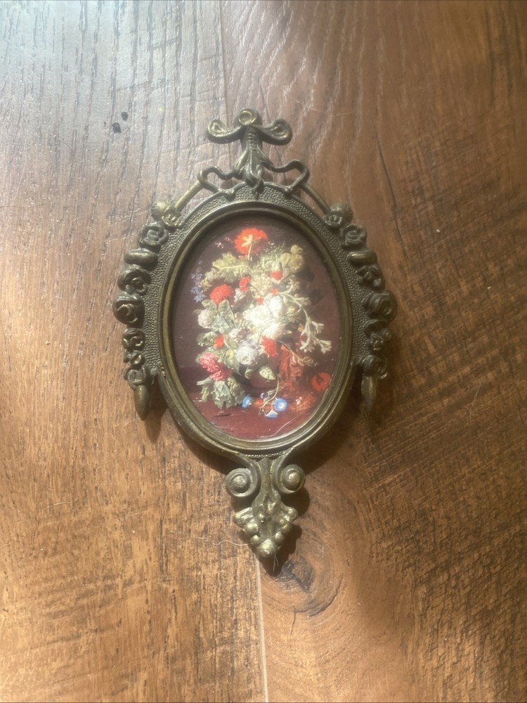 Vintage Sm Ornate Oval Metal Frame Wall Picture Victorian Floral Made In Italy#2