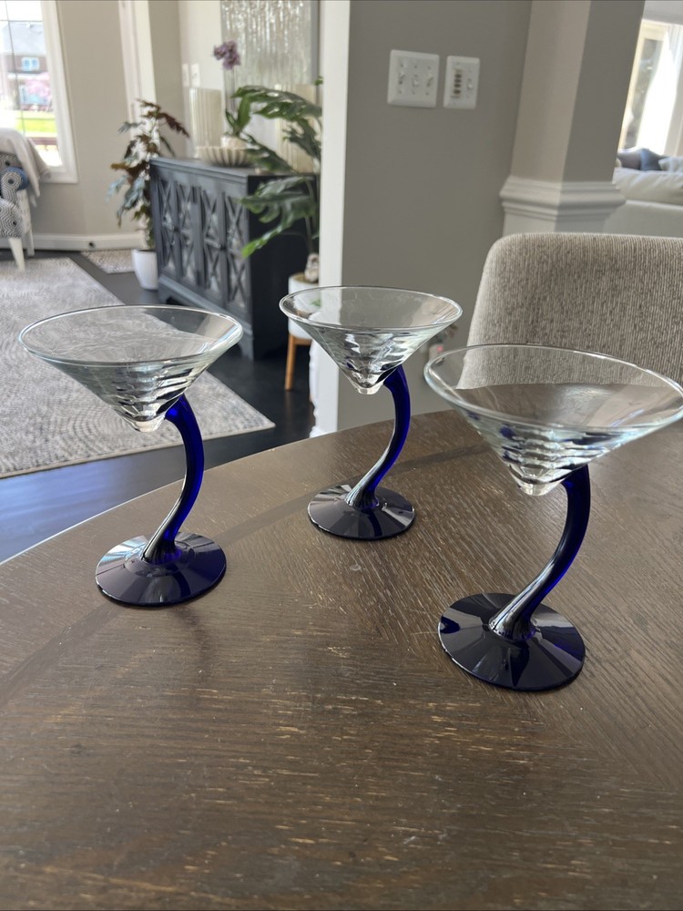 Set of 3 Vintage Libbey Bravura Cobalt Blue Curved Stem Martini Glasses