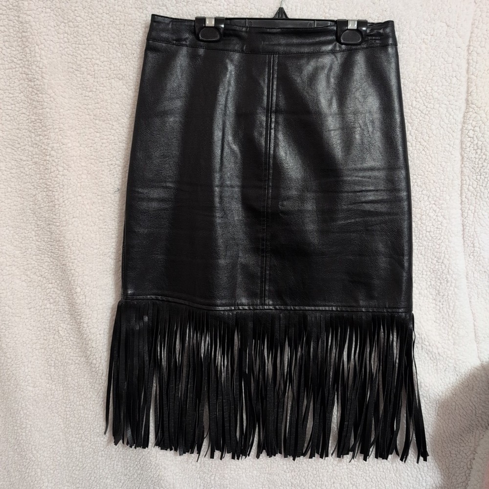 VOY Black Faux Leather Fringe Skirt Moto Edgy Boho Size L Skirt Midi SKU 135GF