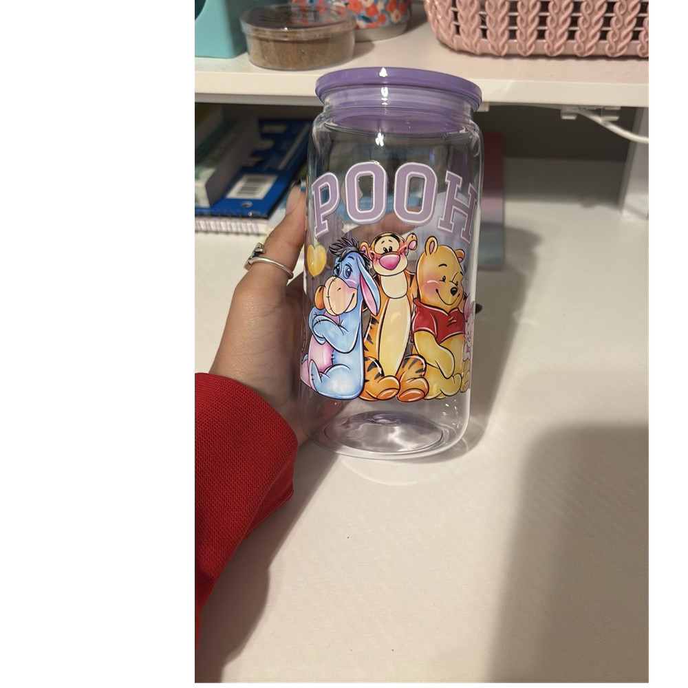 Disney Winnie the Pooh 16 oz Clear Plastic Tumbler w/ Purple Lid, Eeyore Tigger