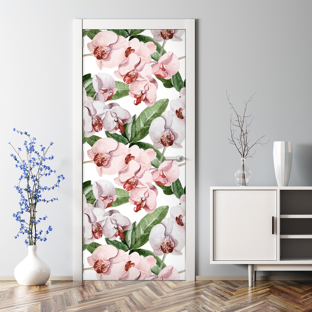 Blooming Orchid Flowers Floral Bubble Free Door sticker Self adhesive