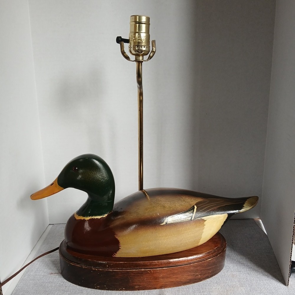 Vintage 1970s Mallard Duck Table Lamp, Handpainted with Wood Base, Tested Works