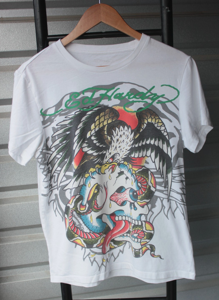 Y2K Style Ed Hardy Skull & Eagle Tatoo White Graphic T-Shirt S