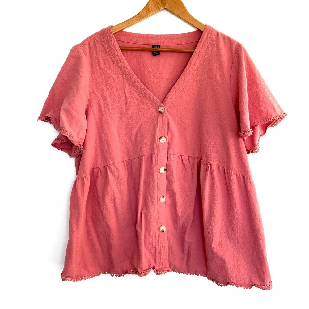 SHEIN CURVE Shirt Women's 4XL Pink Cotton Lace Trim V Neck Button Front Peplum