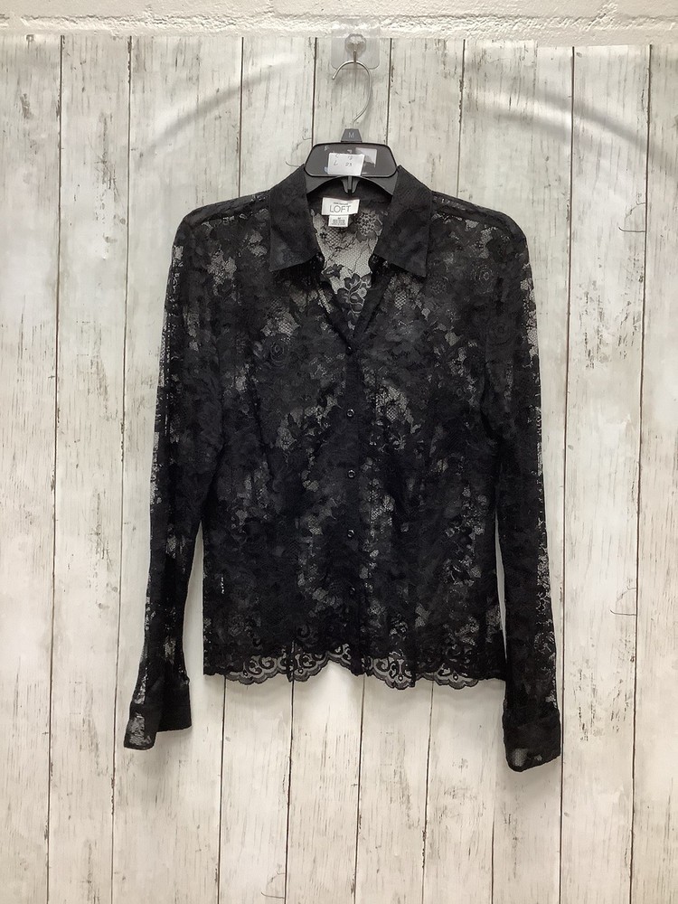 LOFT Black Floral Sheer Lace Button Up Blouse Long Sleeve Shirt - Size M