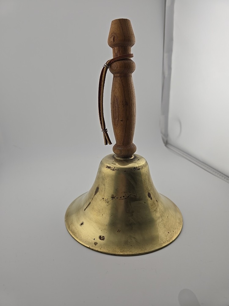 Vintage Brass School Bell Hand Held Wood Handle 9 x 6 Diameter