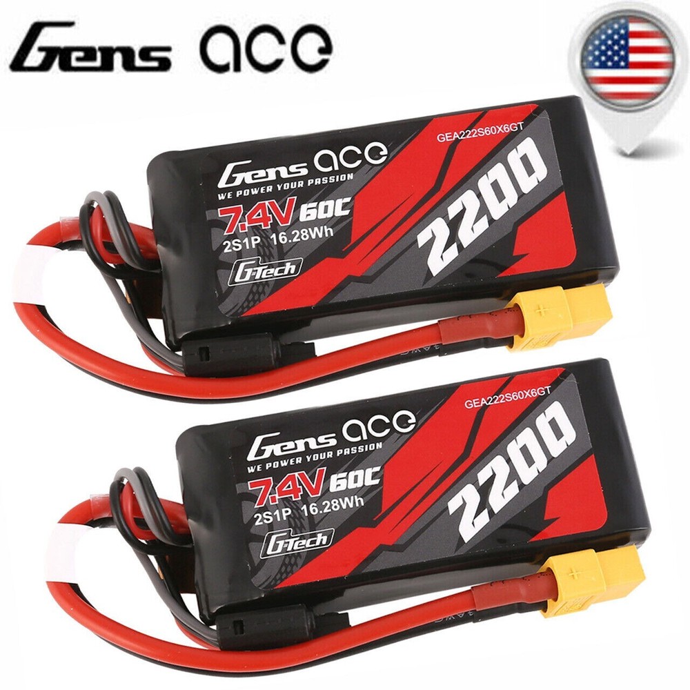2x Gens Ace G-Tech 60C 7.4V 2200mAh 2S Lipo Battery XT60 For Traxxas 1/16 E-Revo-image