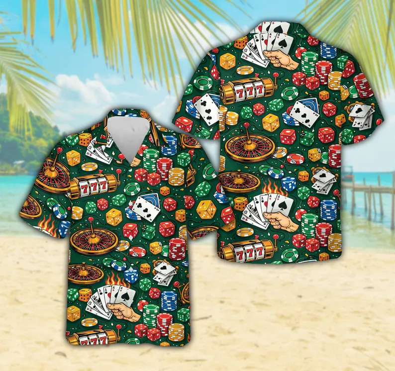 Green Dice Card Hawaii Shirt Gambling Casino Poker Game Mens Beach Aloha