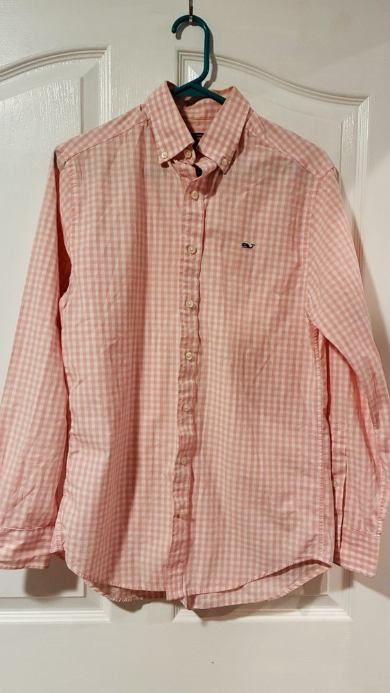 Men’s Vineyard Vines Small Slim Fit Whale Shirt White Pink Plaid Long Sleeve